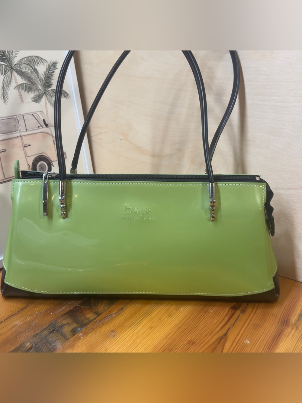 Beijo Lime Green Patent Shoulder Bag with Black Handles